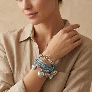 Women Charm Bracelet Braided Leather Multi Heart Charms Casual Light Blue